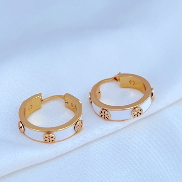 Tory Burch Miller Gold Stud White Enamel Hoop Earrings/ TB Dustbag NWT MSRP:$118 - Picture 1 of 13